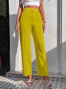 SHEIN Privé 高腰接縫細節西裝褲 - 橄欖綠 - 查看 6