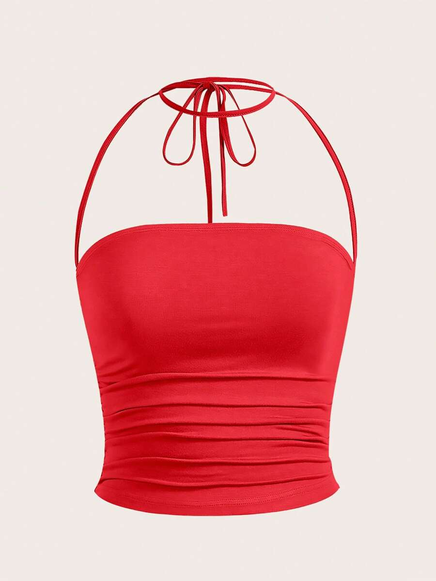 SHEIN EZwear 後背繫帶褶邊掛脖上衣