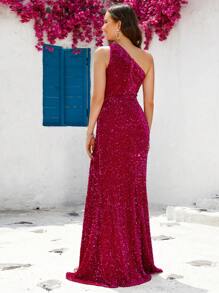 SHEIN Belle One Shoulder Split Thigh Sequin Formal Dress - Hot Pink - View 2