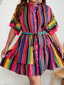 SHEIN VCAY Plus Striped Print Button Front Ruffle Hem Smock Dress - Multicolor - View 1