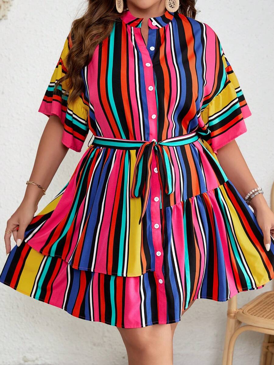 SHEIN VCAY Plus Striped Print Button Front Ruffle Hem Smock Dress - Multicolor - View 1