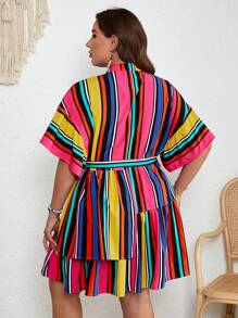 SHEIN VCAY Plus Striped Print Button Front Ruffle Hem Smock Dress - Multicolor - View 2