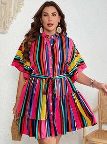 SHEIN VCAY Plus Striped Print Button Front Ruffle Hem Smock Dress - Multicolor - View 4