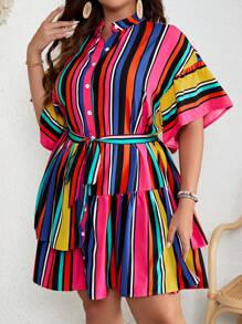 SHEIN VCAY Plus Striped Print Button Front Ruffle Hem Smock Dress - Multicolor - View 6