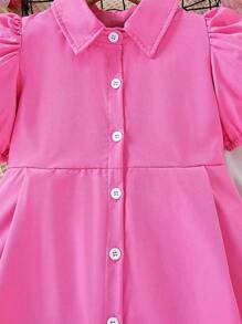 小女童泡泡袖前紐扣襯衫洋裝 - 玫紅色 - 查看 4