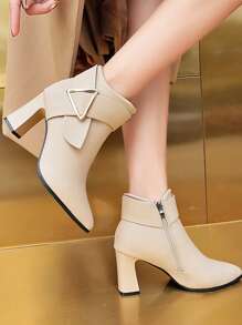 Fall/Winter Wear With Black Skirt, Women Metal Decor Point Toe Chunky Heeled Classic Boots, Elegant Outdoor Boots,Boots For Women