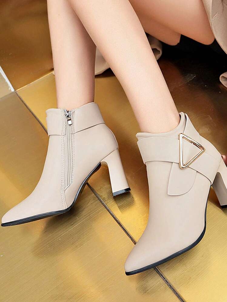 Fall/Winter Wear With Black Skirt, Women Metal Decor Point Toe Chunky Heeled Classic Boots, Elegant Outdoor Boots,Boots For Women - Beige - View 2