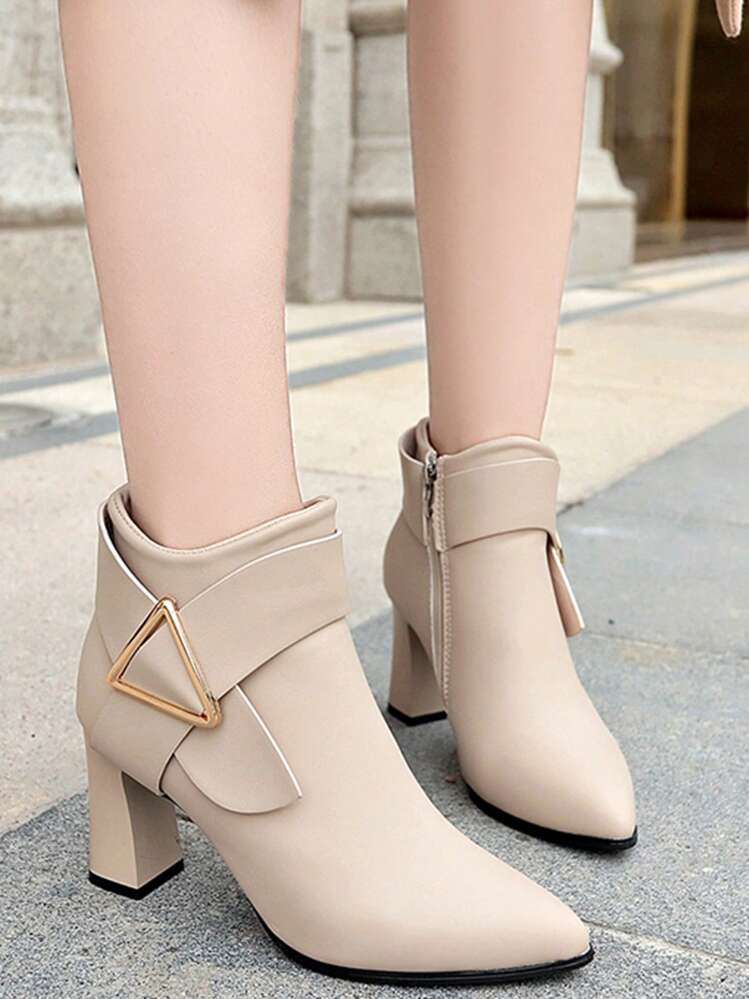 Fall/Winter Wear With Black Skirt, Women Metal Decor Point Toe Chunky Heeled Classic Boots, Elegant Outdoor Boots,Boots For Women - Beige - View 3