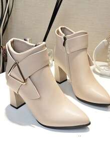 Fall/Winter Wear With Black Skirt, Women Metal Decor Point Toe Chunky Heeled Classic Boots, Elegant Outdoor Boots,Boots For Women