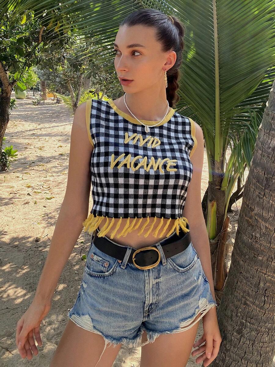 SHEIN 字母和格子圖案流蘇下擺針織上衣 - 黃色 - 查看 1