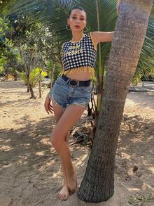 SHEIN 字母和格子圖案流蘇下擺針織上衣 - 黃色 - 查看 5