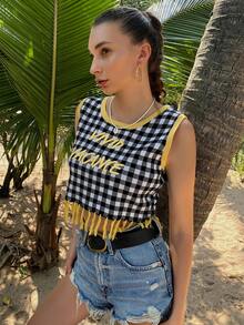 SHEIN 字母和格子圖案流蘇下擺針織上衣 - 黃色 - 查看 8