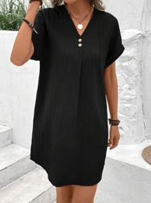 SHEIN LUNE Đầm thường ngày cổ chữ V nhỏ có họa tiết vải và thiết kế khóa phía trước, màu đen - màu đen - Xem 3