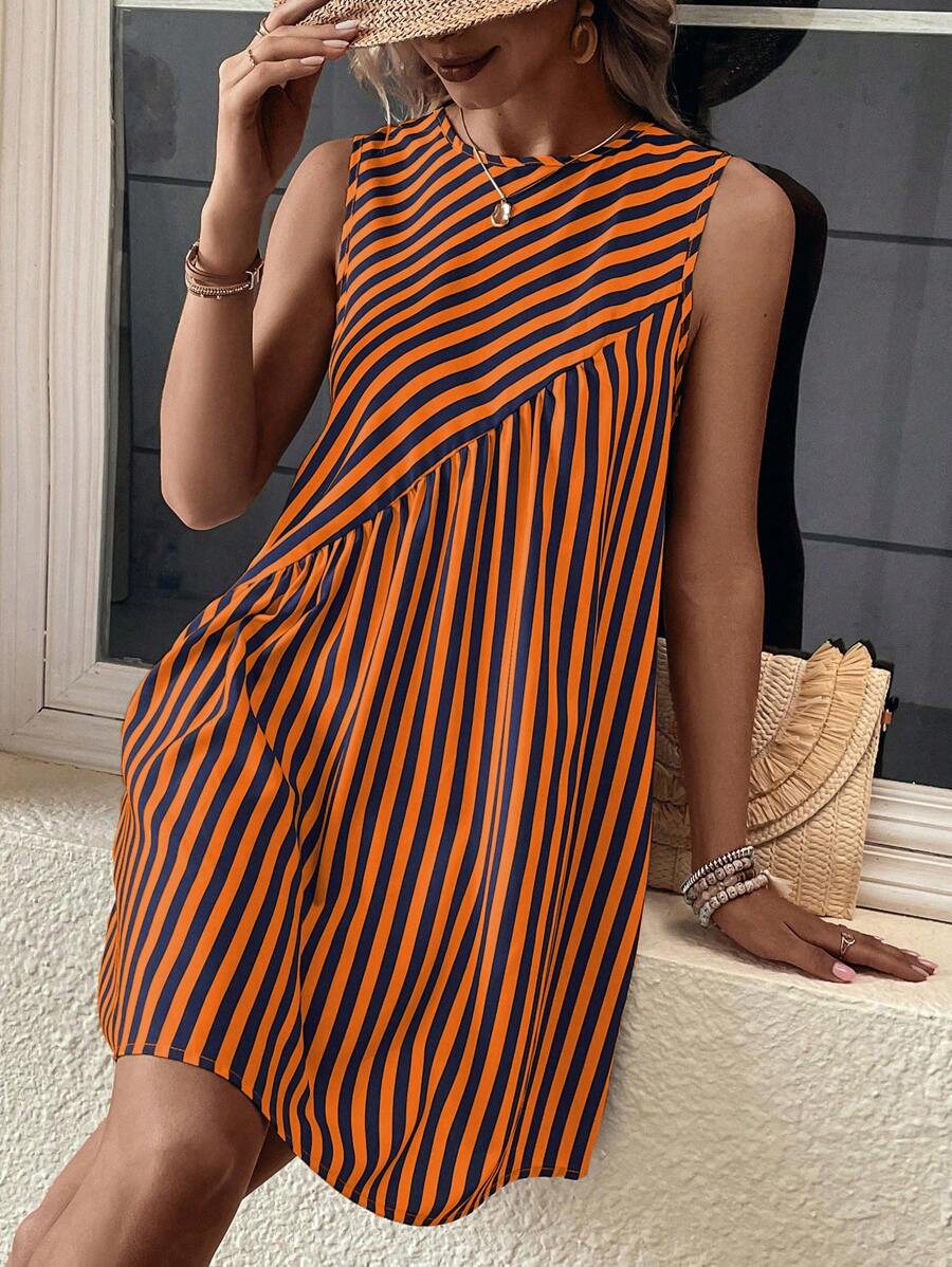 SHEIN LUNE Vestido sin manga con estampado de rayas de espalda con abertura de ojo - azul real - Ver 1