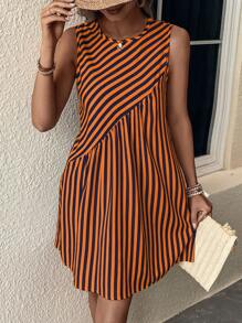 SHEIN LUNE Vestido sin manga con estampado de rayas de espalda con abertura de ojo - azul real - Ver 6