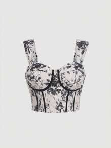 SHEIN MOD 大碼印花緊身上衣短款寬背帶上衣 - 彩色 - 查看 1