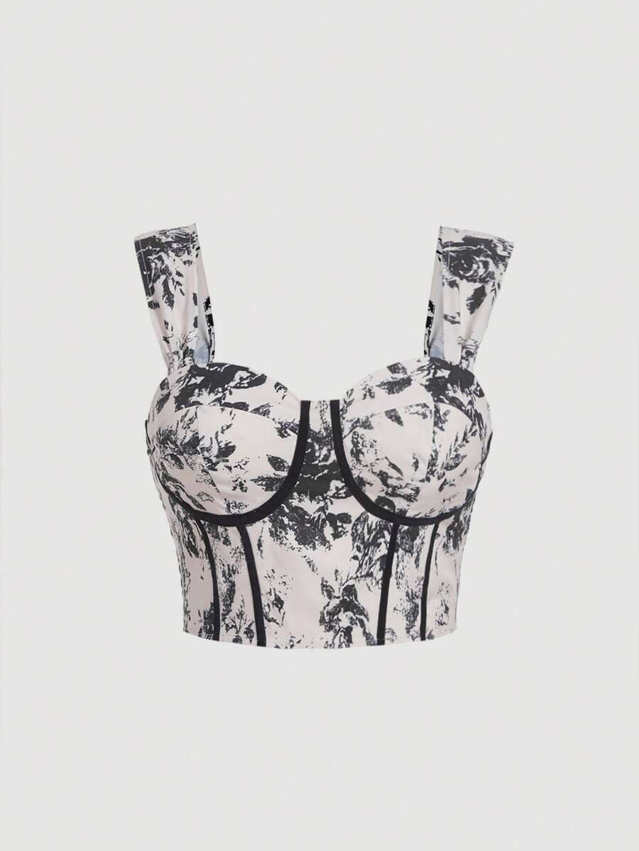 SHEIN MOD 大碼印花緊身上衣短款寬背帶上衣 - 彩色 - 查看 1