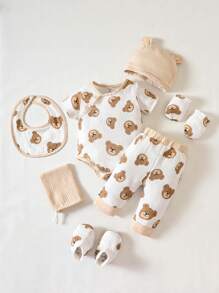 男嬰小熊印花連體衣和褲子和圍兜和手套和帽套裝 - 白色 - 查看 1