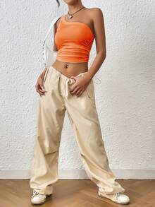 SHEIN EZwear 單肩側收褶短款上衣 - 橘色 - 查看 4