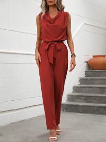 SHEIN Clasi 垂領腰帶連身褲 - 亮橙色 - 查看 4