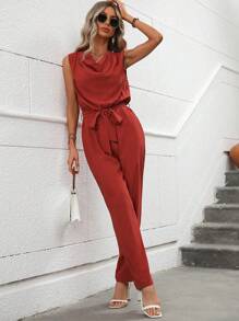 SHEIN Clasi 垂領腰帶連身褲 - 亮橙色 - 查看 3