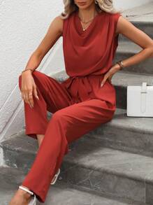 SHEIN Clasi 垂領腰帶連身褲 - 亮橙色 - 查看 1