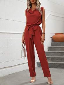 SHEIN Clasi 垂領腰帶連身褲 - 亮橙色 - 查看 5