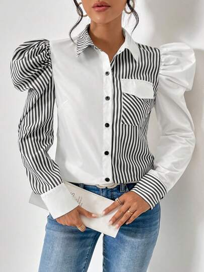 SHEIN Privé 條紋印花羊腿袖襯衫