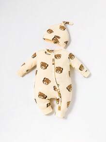 SHEIN Baby Boy Bear Print Jumpsuit - Apricot - View 1