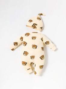 SHEIN Baby Boy Bear Print Jumpsuit - Apricot - View 2