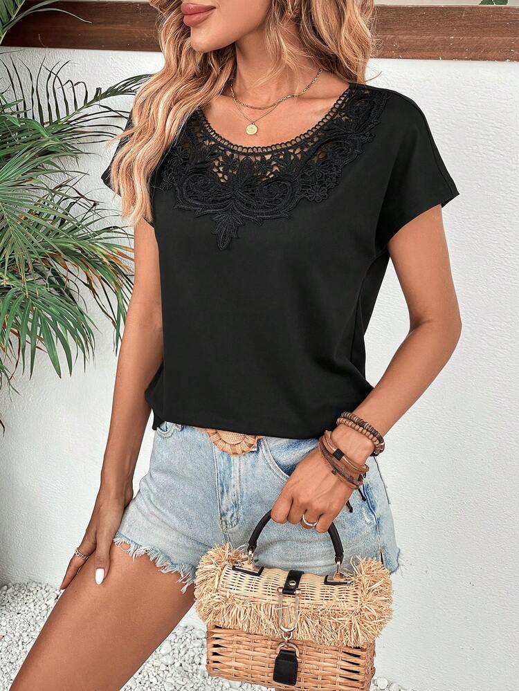 SHEIN LUNE T-shirt En Dentelle Manches Chauve-Souris - Noir - Voir 5