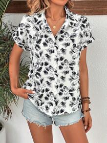 SHEIN Clasi Áo sơ mi nữ Nút phía trước Hoa Tất cả trên in Boho - trắng - Xem 6