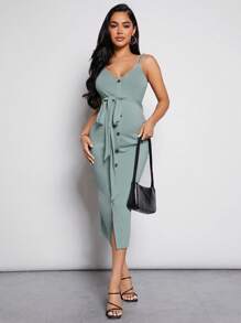 MaterniWear Maternity Button Front Belted Cami Dress - Mint Green - View 1
