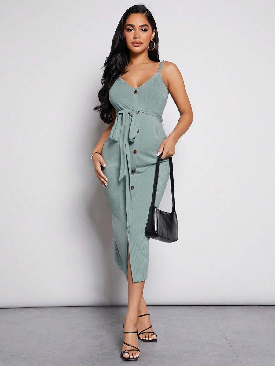 MaterniWear Maternity Button Front Belted Cami Dress - Mint Green - View 1