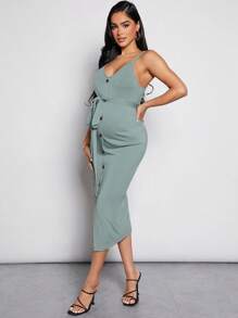 MaterniWear Maternity Button Front Belted Cami Dress - Mint Green - View 5