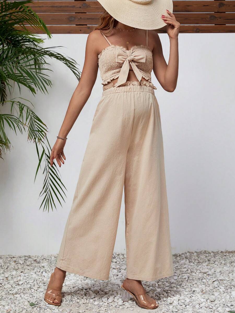 SHEIN Thai sản Nút phía trước Áo thun xếp nếp & Quần ống rộng - Màu be - Xem 1