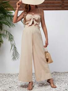 SHEIN Thai sản Nút phía trước Áo thun xếp nếp & Quần ống rộng - Màu be - Xem 3