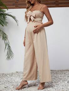 SHEIN Thai sản Nút phía trước Áo thun xếp nếp & Quần ống rộng - Màu be - Xem 4