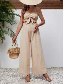 SHEIN Thai sản Nút phía trước Áo thun xếp nếp & Quần ống rộng - Màu be - Xem 5