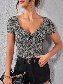 SHEIN Privé Áo thun nữ Thắt nơ trước In hoa Báo Giải trí - màu đen - Xem 1