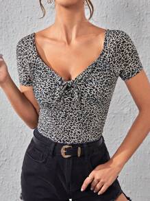 SHEIN Privé Áo thun nữ Thắt nơ trước In hoa Báo Giải trí - màu đen - Xem 3