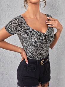 SHEIN Privé Áo thun nữ Thắt nơ trước In hoa Báo Giải trí - màu đen - Xem 4