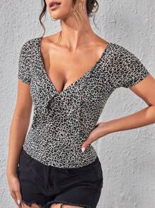 SHEIN Privé Áo thun nữ Thắt nơ trước In hoa Báo Giải trí - màu đen - Xem 5