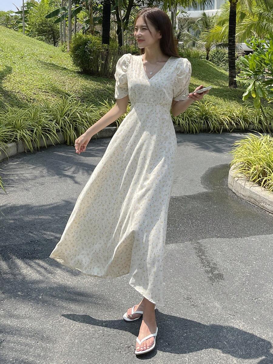 DAZY Ditsy Floral Print Puff Sleeve Dress - Apricot - View 1