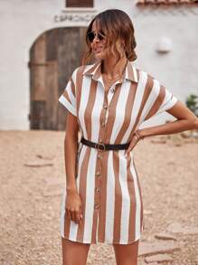 SHEIN LUNE Women's Stand Collar Dropped Shoulder Shirt Dress With Print, Summer - Multicolor - View 4