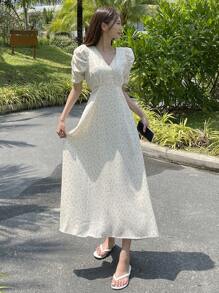 DAZY Ditsy Floral Print Puff Sleeve Dress - Apricot - View 4