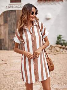 SHEIN LUNE Women's Stand Collar Dropped Shoulder Shirt Dress With Print, Summer - Multicolor - View 5