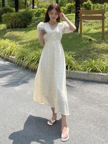 DAZY Ditsy Floral Print Puff Sleeve Dress - Apricot - View 7