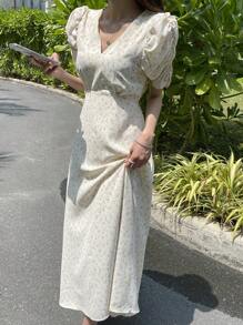 DAZY Ditsy Floral Print Puff Sleeve Dress - Apricot - View 9