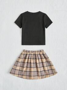 SHEIN 女小童小熊印花T恤&格紋印花半身裙 - 彩色 - 查看 3